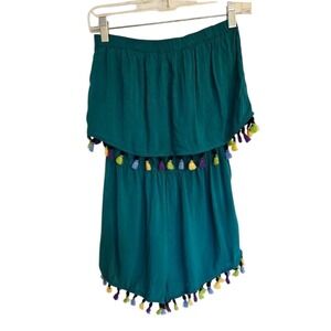 J for Justify Romper Size Medium Green Strapless Pompom hem